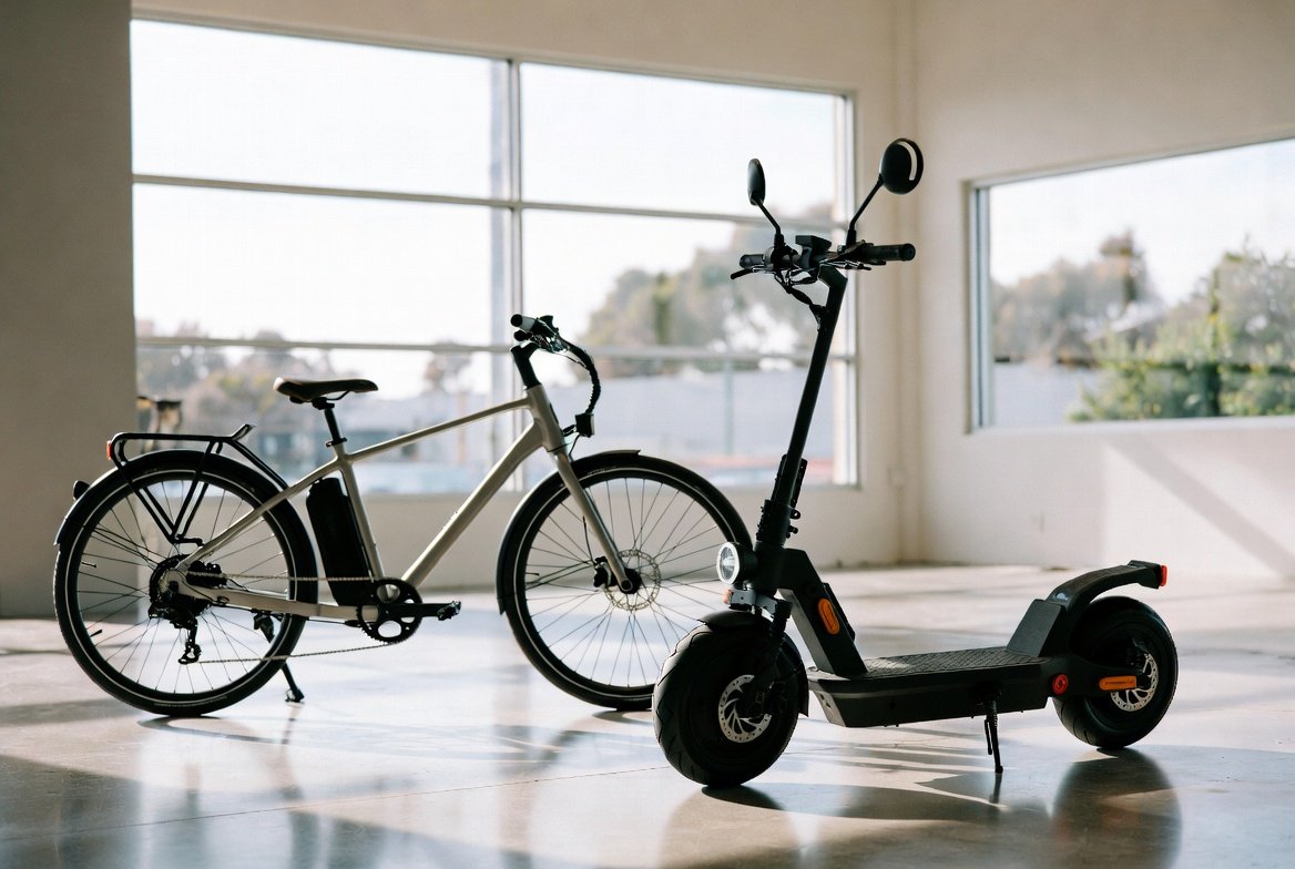 E-bike and e-scooter in a modern hybrid retail showroom